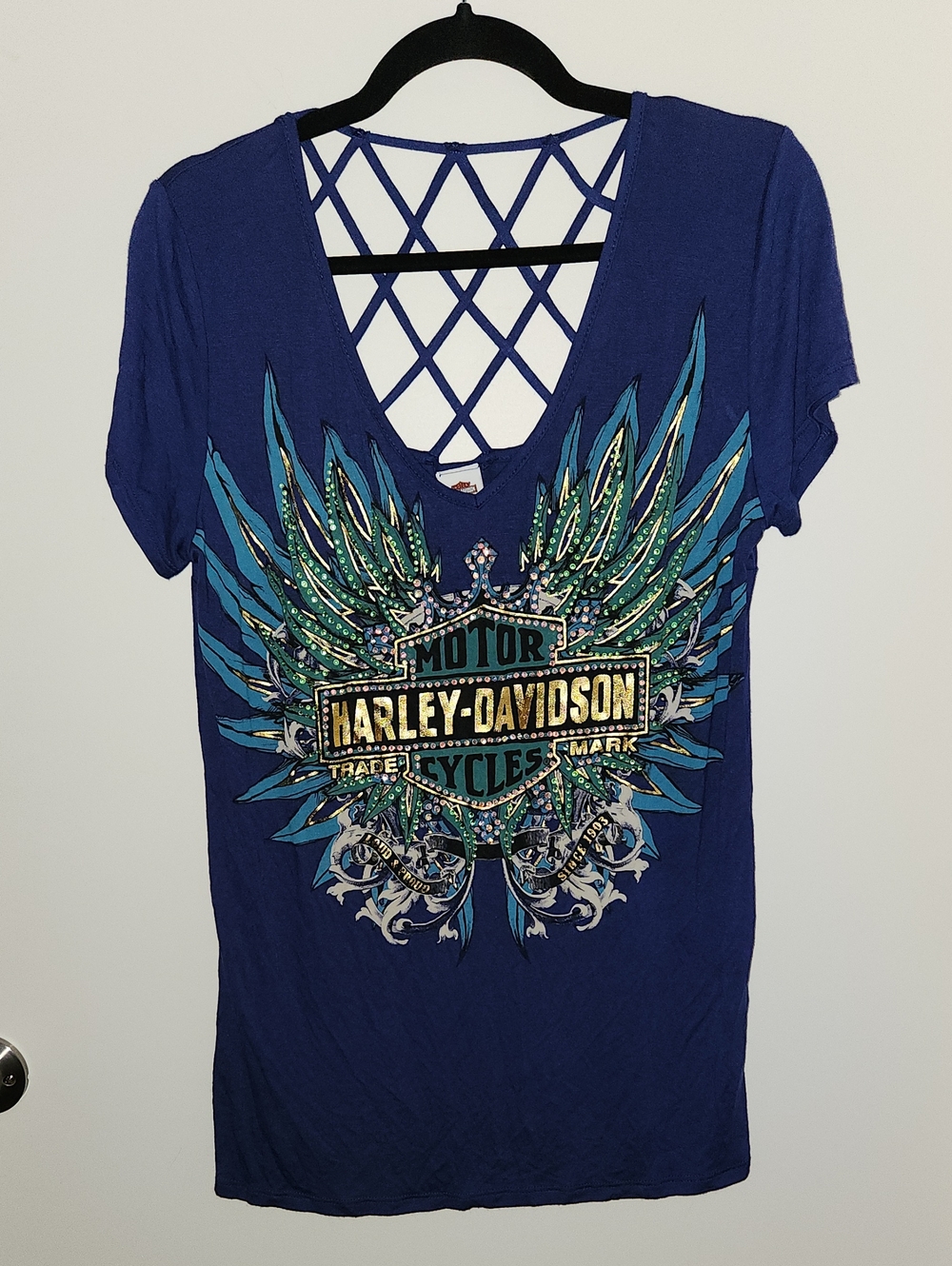 Harley-Davidson Rhinestone Live To Ride Free Bar & Shield Tee Size XL Blue